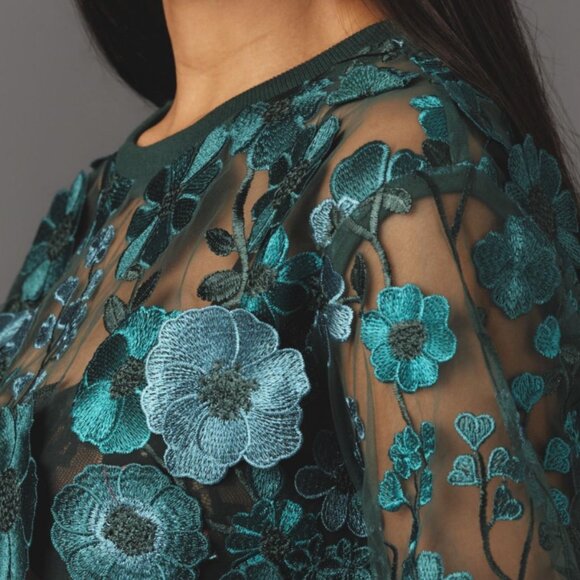 ANTHROPOLOGIE Dolan Left Coast Flower Turquoise Appliqué Sheer Tee Size XS NWT‎ - Picture 2 of 3